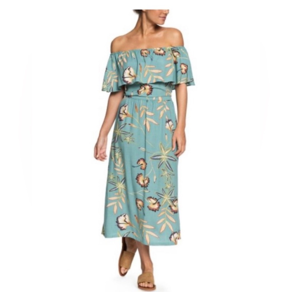 Roxy Teal Floral Off-Shoulder Midi Dress